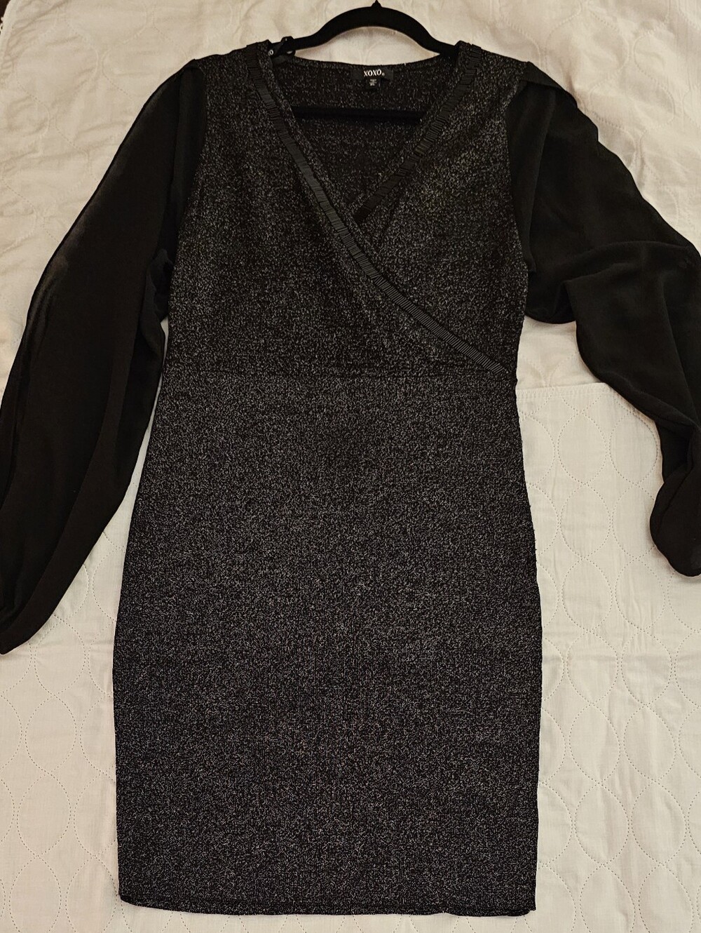 XOXO Black Metallic Knit Sheath Dress with Sheer Long Sleeves
